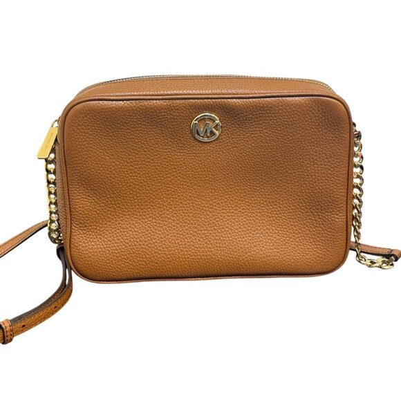 Michael Kors Brown Pebbled Leather Crossbody Bag With Gold Chain Straps - Picture 1 of 10